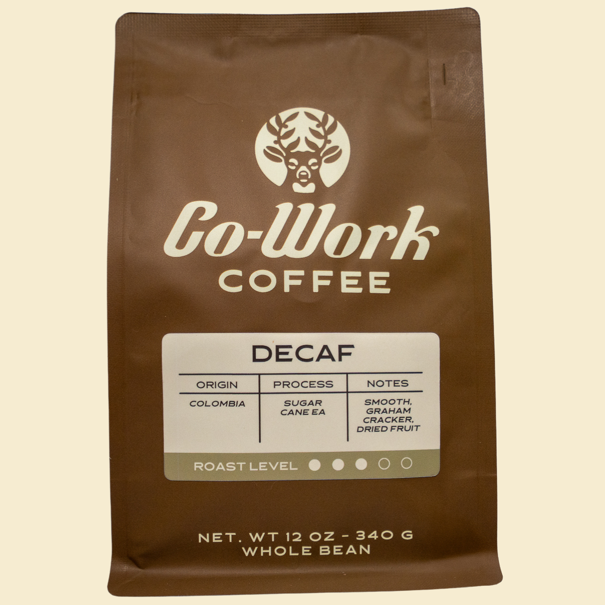 Co-Work Coffee Decaf 12oz bag — medium roast, small batch, Lawrenceburg TN Co-Work Coffee. Delicious decaf, best coffee in tennessee.
