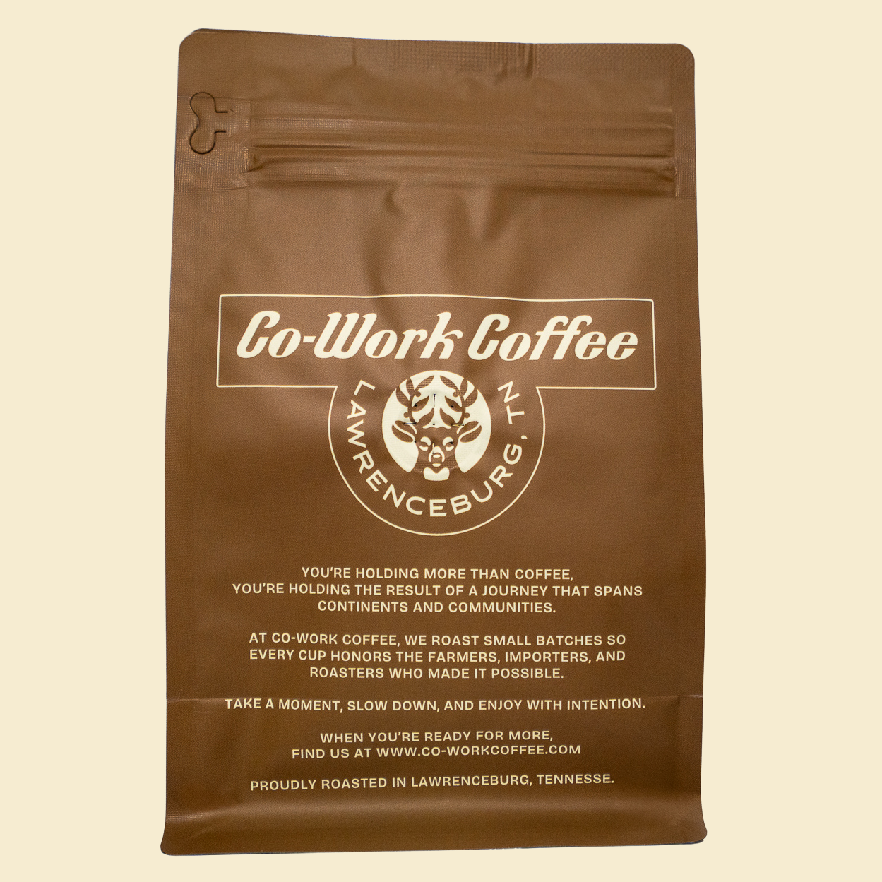 Coffee Bag Back - Co-Work Coffee, Lawrenceburg, TN. Best coffee in Tennessee.